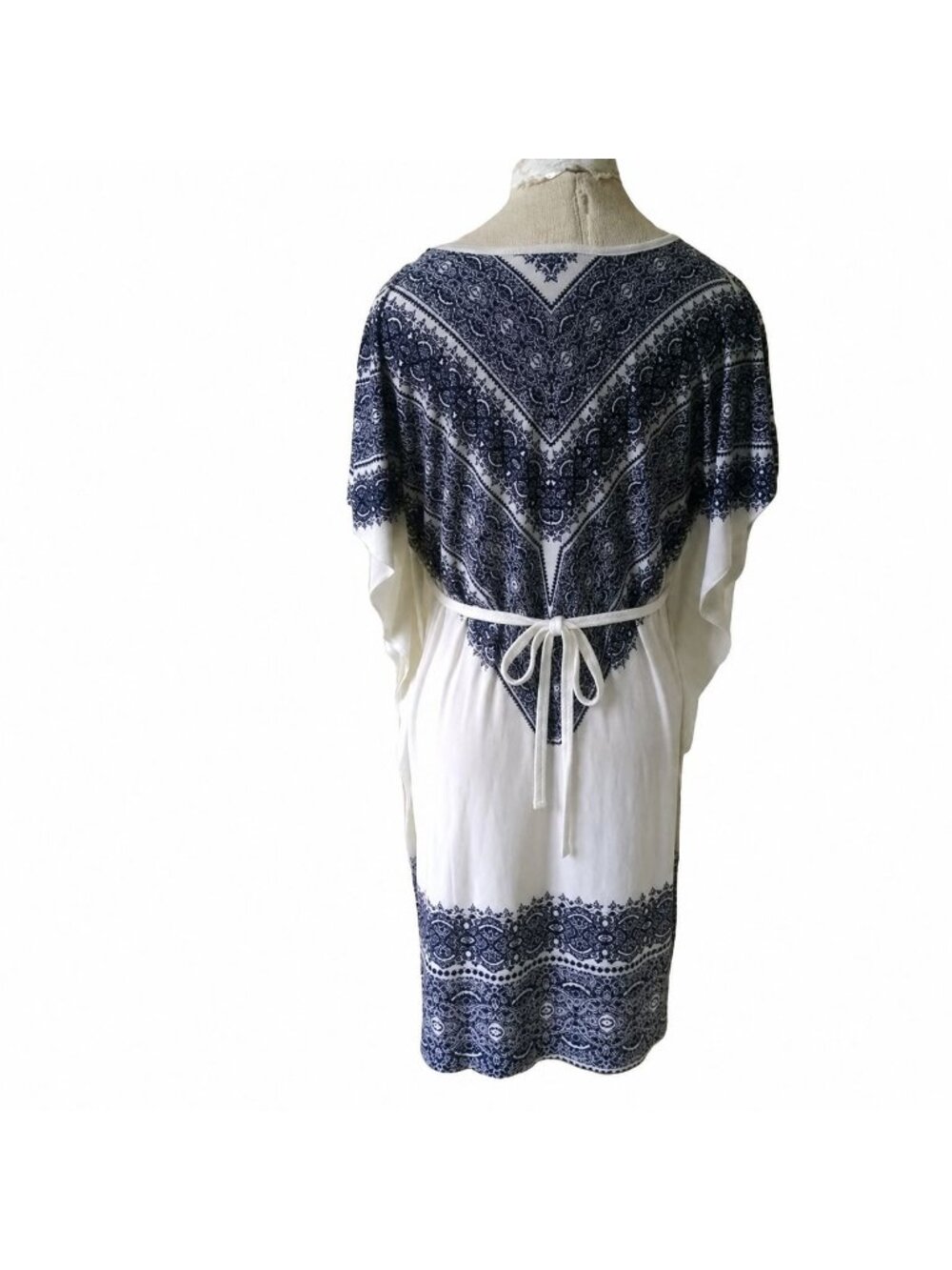 5th & Love Size Large Caftan Dress Blue White Bohemian Print Tie Waist Belt - Picture 4 of 8